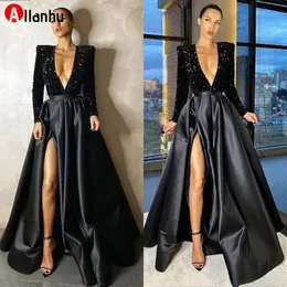 NUOVO! 2022 Sexy Bling Black Split Side Prom Dresses Maniche lunghe africane Scollo a V Paillettes Top A Line Occasioni speciali Abiti da ballo Abiti da sera Xu