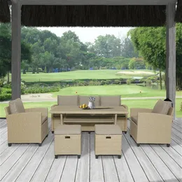US STOCK TOPMAX 6 Piece Outdoor Rattan Wicker Set Patio Garden Backyard Sofa Chair Stools and Table a08 a45 a10