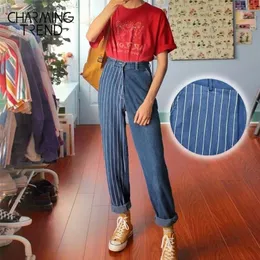 CharmingTrend Vintage Paski Damskie Dżinsy Spodnie Proste Talia Dżinsowe Tkaniny Niebieskie Spodnie Kobiet Casual Chic Girl Jeans 201105