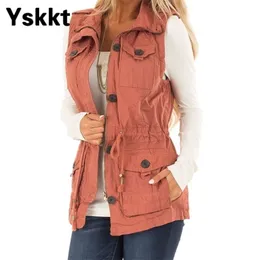 YSKKT Kobiety Kurtki Kamizelka Wiosna Jesień Vinatge Drawsting Slim Fit Solidna Bez Rękawów Zipper Waistcoat Kieszonkowy Płaszcze 211220