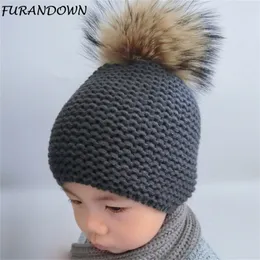 Vinter Baby Skullies Beanies Real Raccoon Fur Pompom Boy And Girls Warm Beanie Hat Cap for Kids Y201024