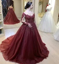 red wine Ball Gown Long Sleeves Scoop Neck Evening Dress Sexy Appliques Court Train Sukienki Wizytowe Formal Robe De Soiree 2021