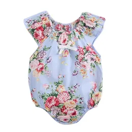 Weixinbuy Baby Girls Floral Rompers Set Flare Sleeve Jumpsuit med huvudband 0-3Y 201028