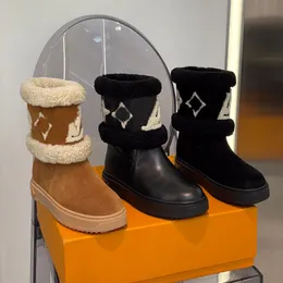 Moda kar botları Tasarımcı Kadınlar Sıcak Çizmeler Deri Düz Rahat Ayakkabılar Yumuşak Kış Kız Koyun Derisi Kahverengi Siyah Ayakkabı Açık Ayak Bileği Çizme 35-41 Kutu ile Isıtır