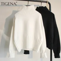 Tigena Fashion Design Turtleeneck свитер женщины джемпер зима свободный с длинным рукавом вязаный пуловер свитер женский черный белый 201221