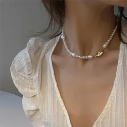 2020 Nowy Korea Retro Elegancki Naszyjnik Nieregularny Metalowa Pearl Słodkowodna Choker Clavicle Łańcuch Dla Kobiet Dziewczyny Biżuteria Prezenty