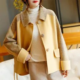 Autunno Coreano Giallo Plaid Patchwork Gira Imbottiture Colletto Tasca con Bottoni Allentato Cappotto del Rivestimento Delle Donne di Inverno di Colore di Colpo Cappotto di Lana 201029