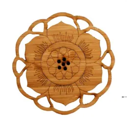 Naturlig bambu bordmatta Kopp Koppaster Tea Cup Pad Retro Lotus Carving Miljövänlig Rund Värme Isolering Teaware Tillbehör ZZF13339