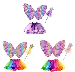 Rainbow TuTu Wing Wand Cosplay Costumes Set Fairy Prinesses Layers Skirt Christmas Halloween Birthday themed events Fancy Dress Wearing