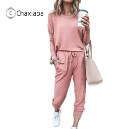 Chaxiaoa Queda das Mulheres Conjuntos de Manga Longa Sportswear O-Neck Color Sólido Casual 2 Partes Sets Mulheres Calças Tops Fitness Set X274 201119