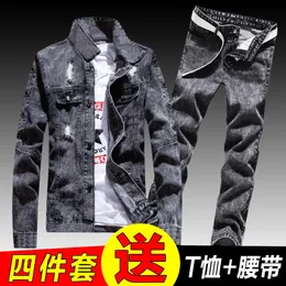 2pcs Spring Autumn Mens Denim Jacket Pencil Pants Set Korean Style Cool Coat Trousers Casual With Belt Shirt Free Shipping V45