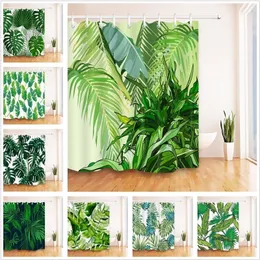 Green Leaves White Shower Curtain Tropical Jungle Bathroom Nature Waterproof Mildew Resistant Polyester Fabric For Bathtub Decor 2275i