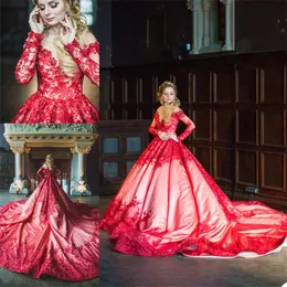 Luksusowe Red Wedding Suknie Linia Długie Rękawy Koraliki Appliqued Koronki Suknie Ślubne Suknia Sąd Train Gorgeous Custom Made Robes De Mariée