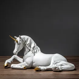 ノルディック樹脂白ユニコーン馬彫刻現代美術の置物家の装飾リビングルーム妖精の庭の装飾子供の贈り物20125