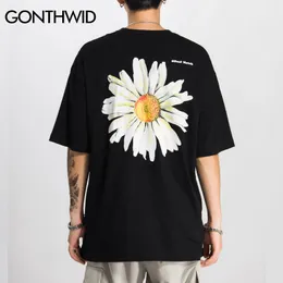 Gonthwid Harajuku Daisy Çiçek Baskı Tişörtleri Rahat Streetwear Kısa Kollu Tops Tees Erkekler Hip Hop Moda Yaz T Shirt Erkek LJ200827