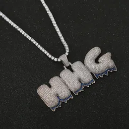 Nome personalizado letras de fundo azul pingentes colares zircão hip hop jóias com ouro prata 24 polegadas corda chain3197