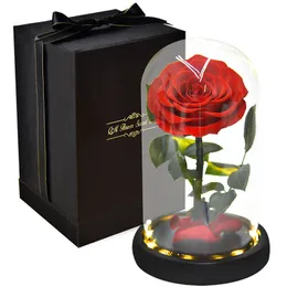 Fiore di rosa eterna in cupola di vetro con base in legno e luce calda regalo di nozze per San Valentino