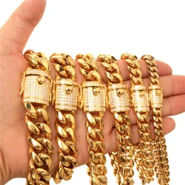 10mm-18mm bred gul guldpläterad cz lås rostfritt stål kubanska miami kedjor halsband armband för män hip hop rock smycken