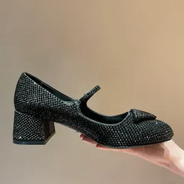 Designers robe chaussures plein diamant boucle triangulaire décoration pompes 4,5 cm talon épais grande taille 4-11 qualité supérieure véritable semelle en cuir chaussure femme