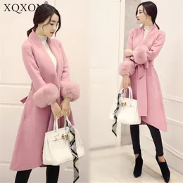 Różowe Wełniane Płaszcze Kobiety Faux Futro Ciepłe 2020 Zima Nowa Kobieta Slim Długi Desgin Płaszcz Duża kobieta 4xl Woolen Coats z pasem