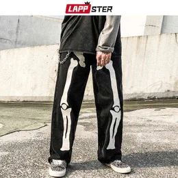 Lappster Y2K Preto Calas de Brim Skeleton 2022 Homem Streewear Reflexivo Baixo Aumento Jeans Harajuku Macaco Perna Larga 0309