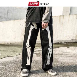 Lappster Y2K Preto Calas de Brim Skeleton 2022 Homem Streewear Reflexivo Baixo Aumento Jeans Harajuku Macaco PERNA LARGA 0309