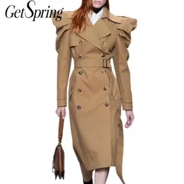 Getspring Women Trench Coat manica a sbuffo doppio petto kaki giacca a vento donna fasciatura vintage casual soprabito cappotti invernali 201031