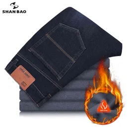 Shan Bao 2021 Vintermärke Högkvalitativ stretch Loose Right Oversized Jeans Young Men's Father's Fleece Thick Warm Jeans G0104