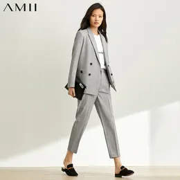 AMII Minimalismus Herbst Anzug Set OLstyle Revers Zweireiher Grau Frauen Anzug Mantel Hohe Taille Solide Ankel Länge Hosen 12070512 201110