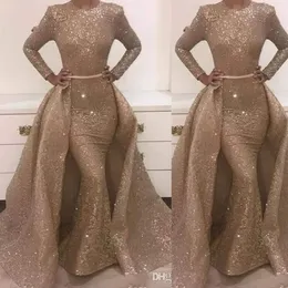 Sexy Cheap Sparkle Sier Gold Sequined Evening Dresses Wear Lace Jewel Neck Mermaid Sequins Long Sleeves Overskirts Prom Dress Party Gowns