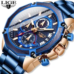 Lige 2020ニューファッションメンズ腕時計ステンレス鋼のトップブランドの贅沢なスポーツクロノグラフクォーツ時計男性Relogio Masculino LJ201123