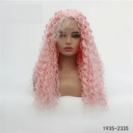 Rosa färg kinky lockigt syntetiskt hår lacefront wig hd transparent spets frontal perruques de cheveux funains peruker 1935-2335 #