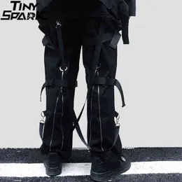 Hip Hop Cargo Pants Streetwear 2021 Men Harajuku Rear Zipper Pants Buckle Ribbon HipHop Joggers Harem Pants Pockets Autumn Black H1223