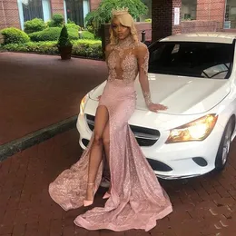 Blush Pink New Bling Sexig sjöjungfru Sequin Evening Dresses Wear Sequined Neck Long Sleeves High Split Formal Prom Dress Party Gowns