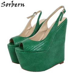 Sorbern 17cm kvinnor pumpa gröna vinkade skor kilar slingback peep toe plattform flera färger kvinnliga skor storlek 36 överför flicka crossdresser