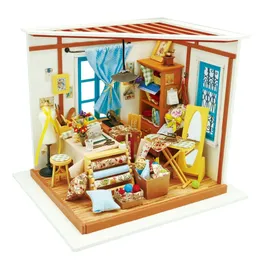 Robotime Diy Dollouse Furniture Light Wooden Miniature Dollhouse Kits de Lisa Toys de alfaiate para crianças LJ201126