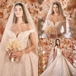 Lyxig A Line Bröllopsklänningar 2021 Kristaller Av Skulder Bröllopklänningar Plus Size Sequined Glänsande Bröllopsklänning Vestido de Novia