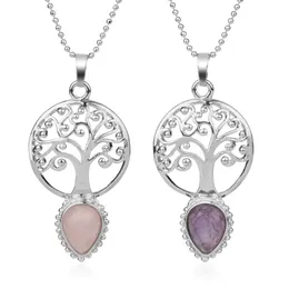 Tree of Life Faceted Natural Stone Water Drop Pendants Necklaces Yoga Healing Crystal Beads for Women Fashion Jewelry