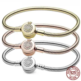 Lujo Original 100% 925 Pulsera de cadena de serpiente de plata esterlina Joyería de calidad superior Fit Pandora Beads Charms Crown Bangle para mujeres Auténtica fabricación de bricolaje