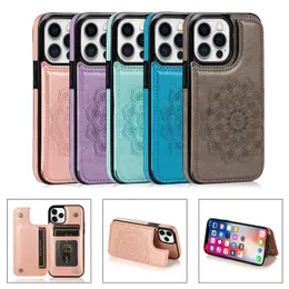 Wallet PU Läderfodral för iPhone 13 12 Pro Max Mini XR XS X 8 7 Plus Samsung S22 S21 Not20 Not10 Ultra A22 A12 A82 A72 A52 A32 S21FE S20FE Embossed Mandala Mönsterblomma