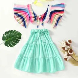 2-7 lat Dzieci Dziewczyny Summer Spódnica Garnitury Multicolor Paski Print Duże Rękawy Huśtawka Topy Solid Spódnica G220217