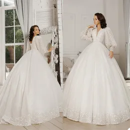 Bling Sequins A Line Bröllopsklänningar Deep V Neck Långärmade Appliqued Lace Bridal Gowns Custom Made Boho Plus Size Vestidos de Novia