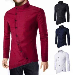 Mężczyźni 2021 Zima Jesień Solidna Kolor Nieregularny Przycisk Bluzka Z Długim Rękawem Slim Casual Top Camisas para Hombre Mens koszula G0105