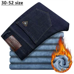 Plus Size 42 44 46 48 50 52 Men's Winter Warm Jeans Business Casual Blue Black Straight Loose Denim Trousers Male Brand Pants G0104