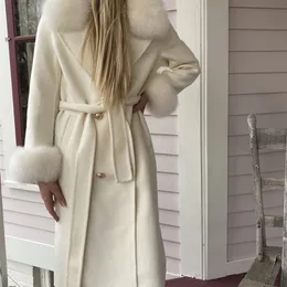 oftbuy معطف الفرو الحقيقي الشتاء سترة النساء الثعلب الطبيعي الفراء طوق الكشمير الصوف يمزج طويل ملابس داخلية السيدات الشارع الشهير 201212