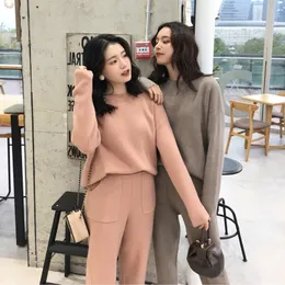 Knitted 2 Pieces Set Tracksuits Women Autumn Winter Thick Warm O-Neck Loose Sweater+Ankle-Length Pants Warm Cashmere Suit 200922