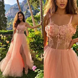 Pink Prom Dresses Spagetti Straps Sleeveless Pearls Beaded Handmade Flowers A Line Sexy Illusion Top Side Slit Custom Made Formal Evening Party Gowns 403