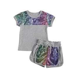 2021 Fashion Toddler Kids Baby Girl Summer Clothes Set 2PCS Casual Short Sleeve Tops T-Shirt Sequins Shorts Outfits Set 2-7Y