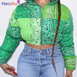 Haoohu 캐주얼 Bandanna 인쇄 자켓 겨울 코트 여성 패션 의류 Streetwear Cropped Pufer Warm Outwear Coat