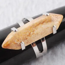 WOJIAER Unique Ring for Women Hexagonal Natural Picture Jasper Stone Beads Rings Silver Color Party Jewelry X3016